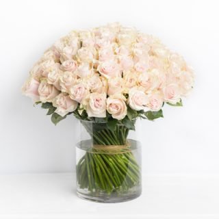 Shop same-day flower delivery in Nairobi, Kenya, 100 pink rose flower vase arrangements of 100 stems of pink, and clear flower vase