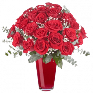 Red wine Vase arrangement with roses, eucalyptus, and baby's breath in a clear vase. Express emotions through this vibrant floral composition. Order now!