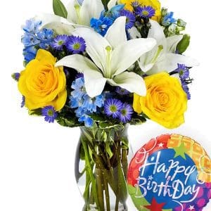 Order the Blue Skies Bouquet, Tranquil, and Charming, featuring shades of blue and white blooms. Order now. Share Happiness