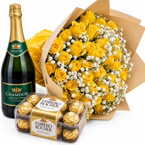 Happy Birthday Flower Combo with 30 yellow roses, sparkling wine and Ferrero Rocher chocolates in Nairobi Kenya.