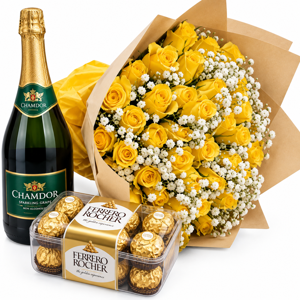 Happy Birthday Flower Combo | Yellow Roses & Gifts Nairobi Happy Birthday Flower Combo with 30 yellow roses, sparkling wine and Ferrero Rocher chocolates in Nairobi Kenya.