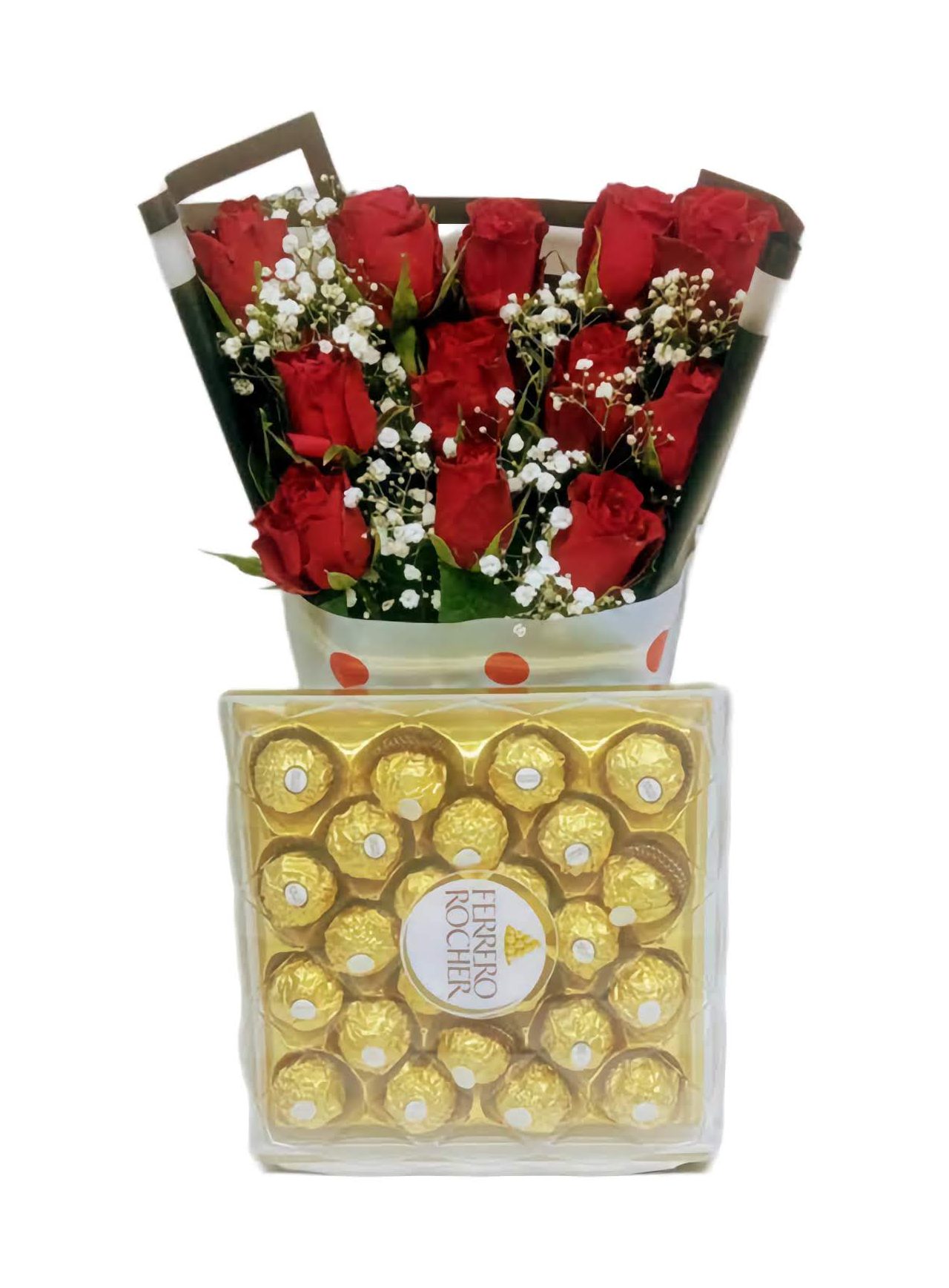 Christmas-Pack-bouquet The Christmas Pack is a perfect holiday gift, featuring a beautiful bouquet of fresh red roses, elegantly arranged with delicate baby’s breath. Paired with a luxurious box of Ferrero Rocher chocolates, this combination makes for an ideal present to spread love and joy this festive season. Whether it's for a loved one or a special occasion, this thoughtful gift is sure to brighten their day.