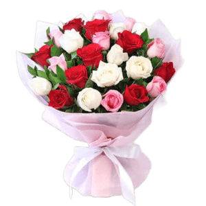 Cherish the moment with our darling flower bouquet. A tender fusion of pink, red, and white roses adorned with ruscus whispered sweet sentiments of love