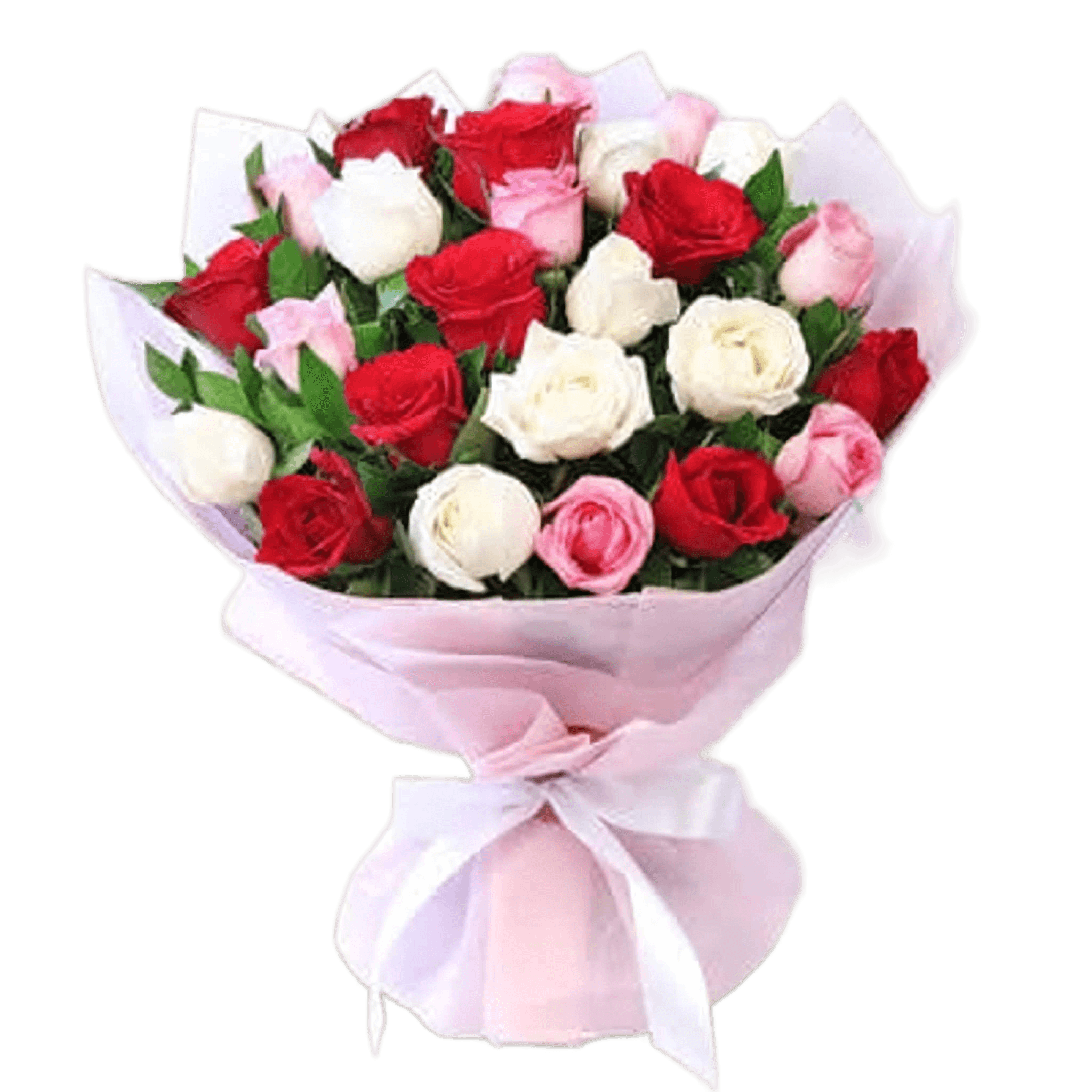 Darling-Flower-Bouquet Cherish the moment with our darling flower bouquet. A tender fusion of pink, red, and white roses adorned with ruscus whispered sweet sentiments of love