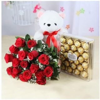 Shop same-day flower delivery in Nairobi with the With Love package of two dozen roses, a teddy bear, and 24 pieces of Ferrero chocolate. Share happiness!