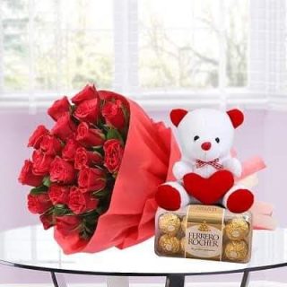 Shop same-day fresh flower delivery in Nairobi, Happy Birthday Bouquet of 30 stems of red roses, a teddy bear, and Ferrero chocolate