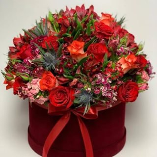 Order same-day fresh flower delivery, Red Romance of red, pin roses, alstroemeria, and eryngium perfectly arranged in a flower box