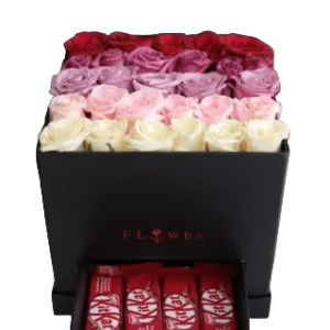 Experience luxury with the Bestowed Love Luxury Box: red, lilac, pink, and white roses paired with KitKat chocolate. Order now for doorstep opulence!