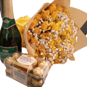 Orde Happy Birthday Flower Combo of 30 stems of yellow roses, baby's breath, 750ml Chandon wine, and 16 pieces Ferrero Chocolate
