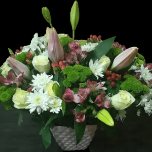 Send A Smile flower vase arrangement with green and white chrysanthemums, 5 stems of tiger lilies, roses, hypericum, and alstroemeria