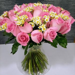 Shop same-day fresh flowers delivery in Nairobi, Kenya, Pink Flower Vase arrangement of  pink roses, fillers and a clear vase