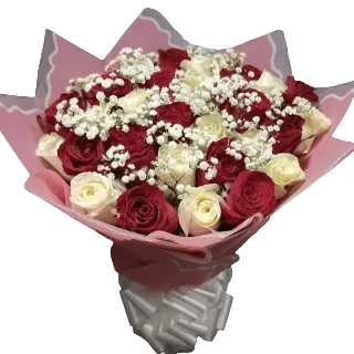 Elevate any moment with our Mixed Flower Hand Bouquet with red and white roses and baby's breath. Order now for timeless elegance delivered to your doorstep!