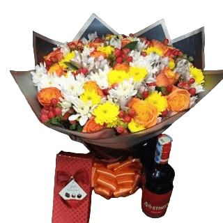 Shop fresh flowers in Nairobi for all occasions with the Perfect Timing combo with roses, chrysanthemums, wine, and pralines. Order now for timely delivery!