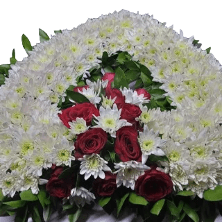 Shop same-day burial flowers in Nairobi, Kenya, online, Funeral Love Heart Wreath with white mums, red roses, and ruscus
