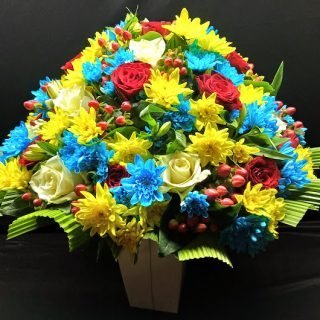 Shop same-day fresh Colorful Summer times bouquets with hypericum, yellow and blue chrysanthemums, alstroemeria, greenery, and white and red roses