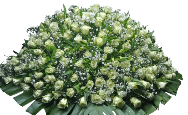 Order same-day funeral flower delivery in Nairobi Casket Flower Arrangement with white roses and baby's breath #buriaflowers #Sympathyarrangements