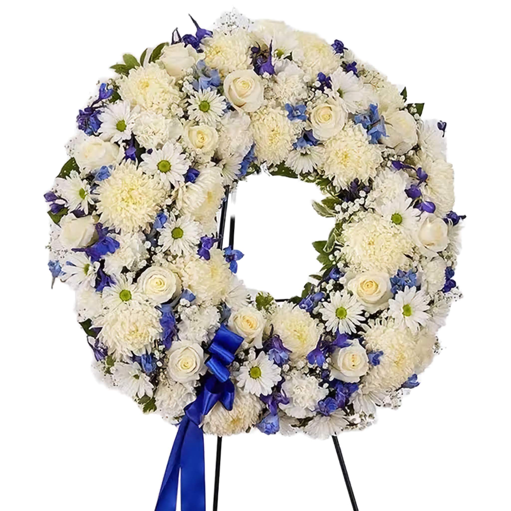 Male-Sympathy-Wreath Male sympathy wreath with blue and white chrysanthemums and white roses