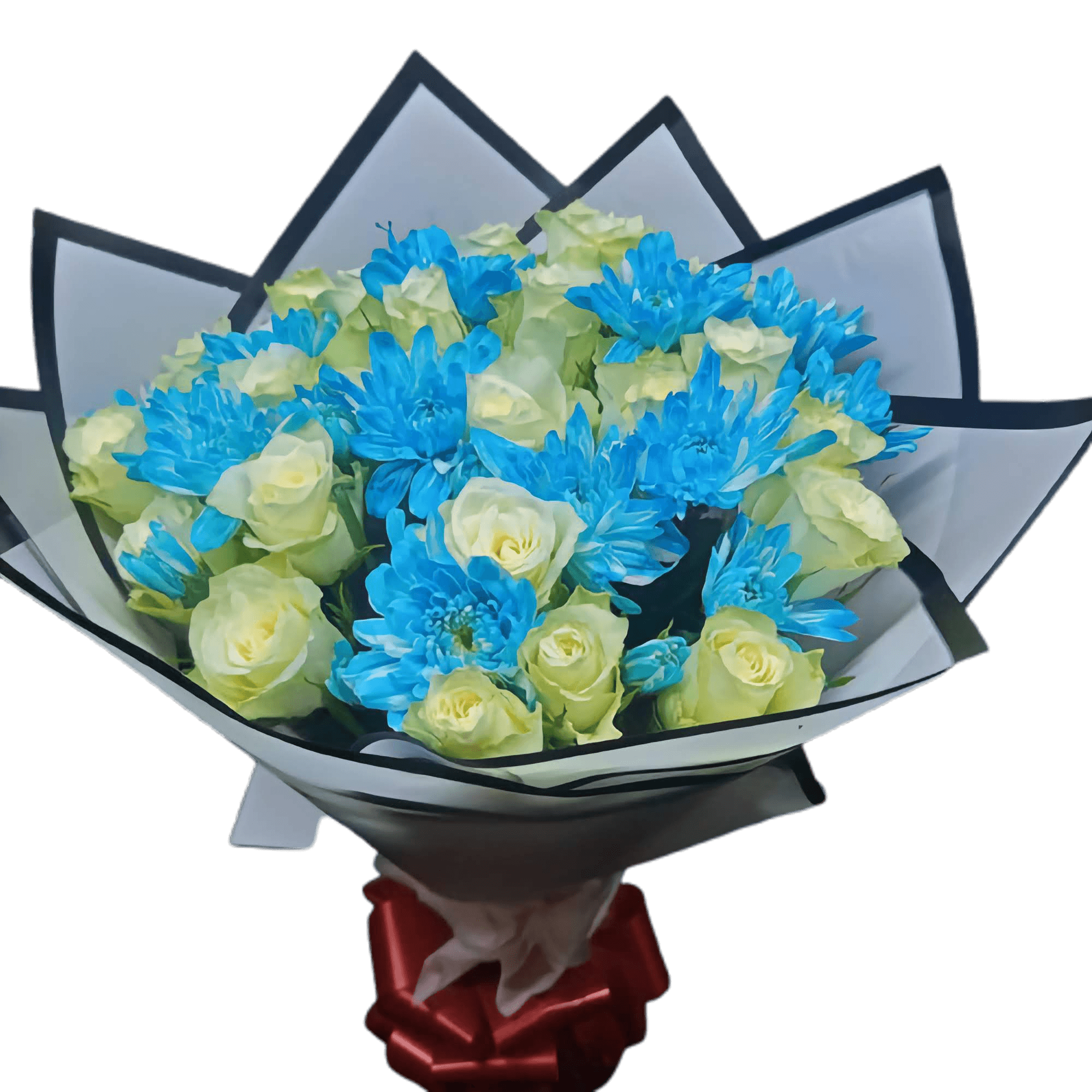 Perfect-Match-Bouquet The Perfect Match Bouquet combines elegant white roses and bold blue chrysanthemums in a stunning display. A perfect gift for any occasion. Same-day flower delivery in Nairobi!
