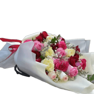 Dazzle with the Princess Bouquet: 3 dozen red, white, and pink roses with baby's breath. regal expression of love and elegance.
