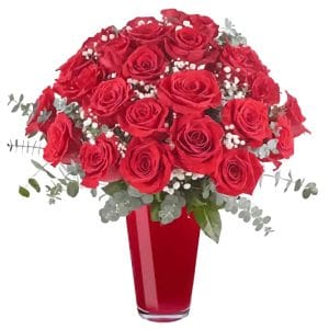 Red wine Vase arrangement with roses, eucalyptus, and baby's breath in a clear vase. Express emotions through this vibrant floral composition. Order now!
