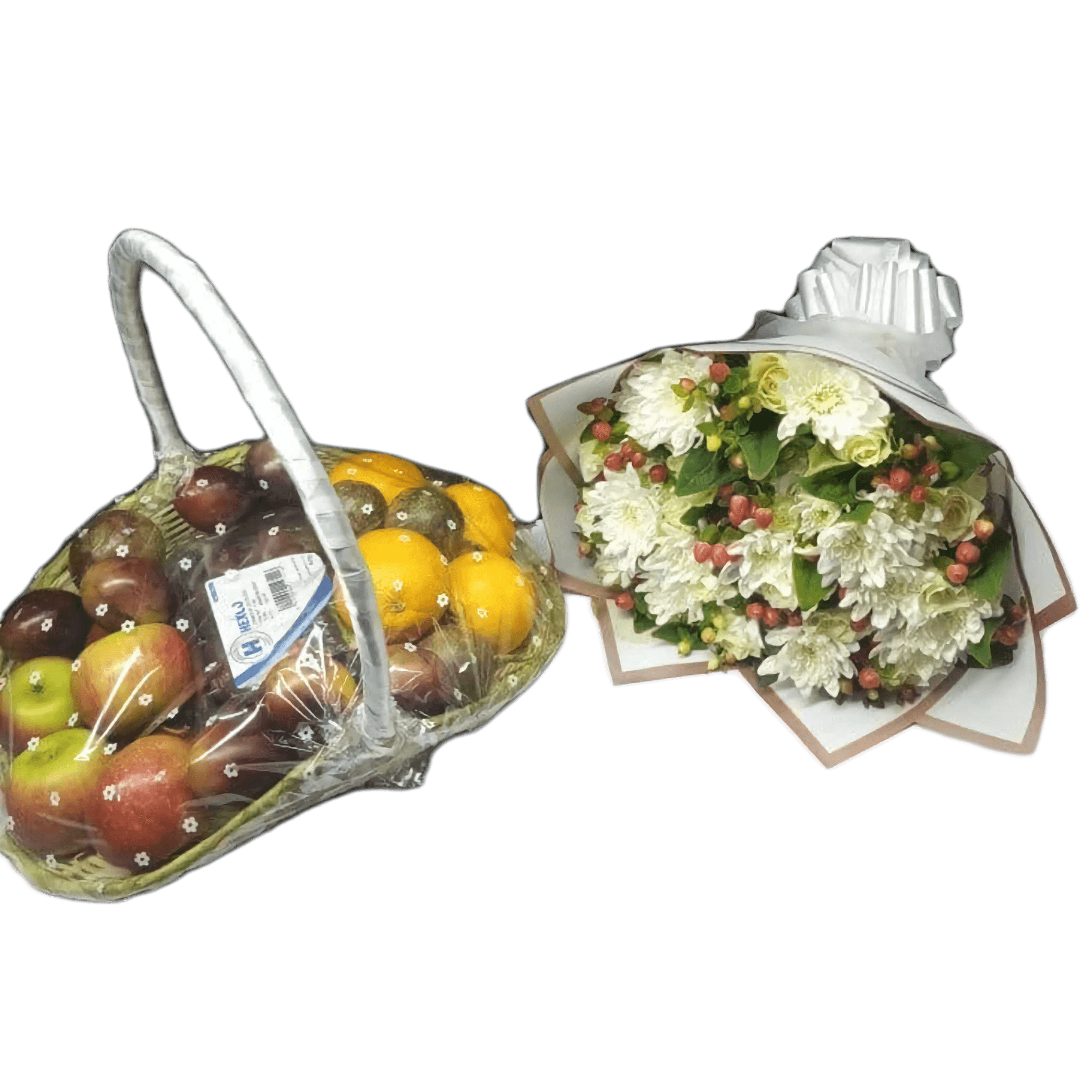 Special-Thanks A beautifully arranged Special Thanks fruit, basket filled with apples, oranges, and other fresh fruits, placed beside a bouquet of white chrysanthemums, accented with small red berries and greenery.