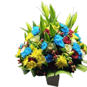 Shop same-day fresh flowers, Summer Glow arrangement of lilies, yellow and blue chrysanthemums, alstroemeria, hypericum, greenery arranged in a flower vase
