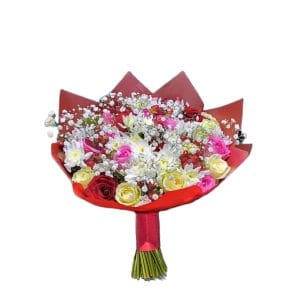 Shop same-day flowers and gifts delivery in Nairobi, Kenya; a sweet happiness bouquet of white, red, and pink roses; a baby's breath, and white chrysanthemums