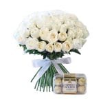 Send Winter Breeze elegance with 50 white roses and 16 Ferrero chocolates. Order same-day in Nairobi for pure love and delightful moments.