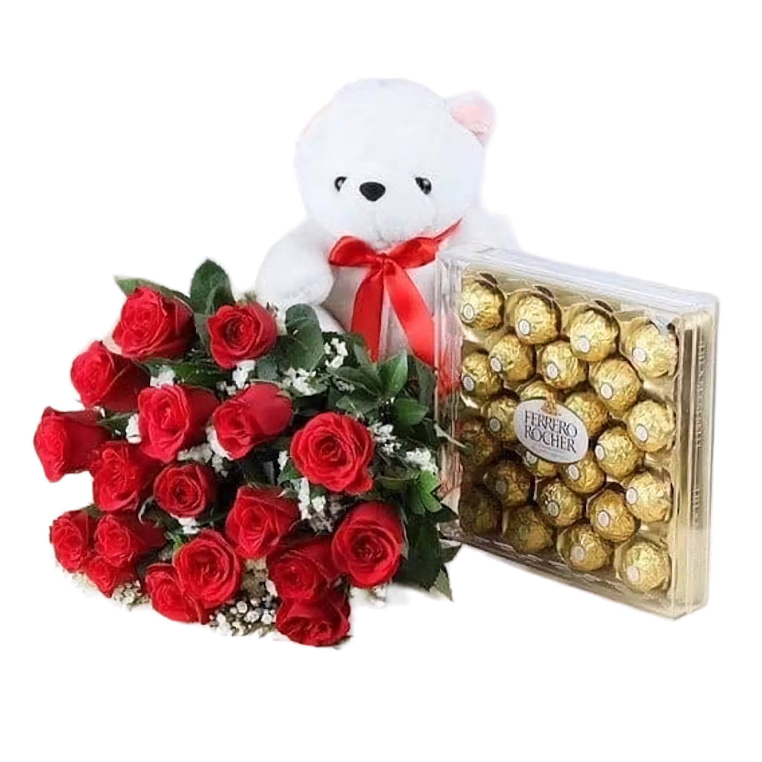 With-Love-combo-bouquet Shop same-day flower delivery in Nairobi with the With Love package of two dozen roses, a teddy bear, and 24 pieces of Ferrero chocolate. Share happiness!