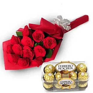 Indulge in romance with our exquisite bouquet, one dozen red roses paired with 16 pieces of Ferrero chocolate. Order now for a delightful celebration of love