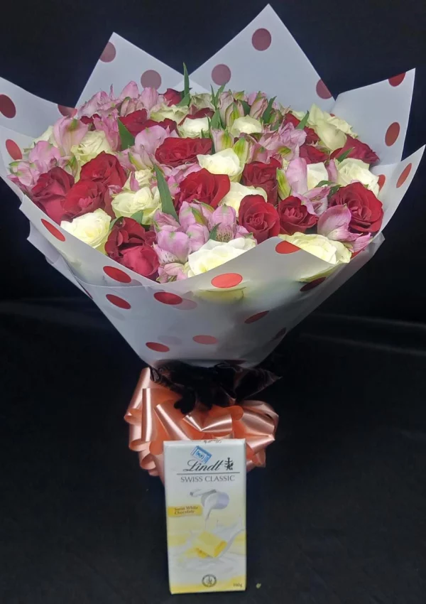 same-day flowers bouquet of two dozen red and white fresh roses and 10 stems of alstroemeria,