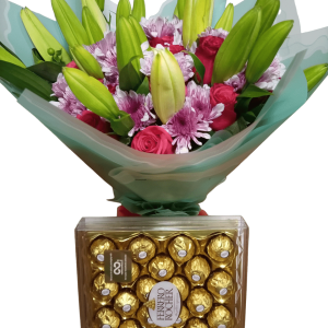 mix roses, chrysanthemums and lilies with T24 Ferrero Rocher chocolate delivery in Nairobi, Kenya