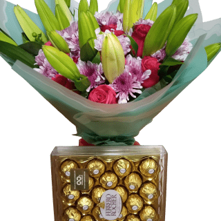 mix roses, chrysanthemums and lilies with T24 Ferrero Rocher chocolate delivery in Nairobi, Kenya