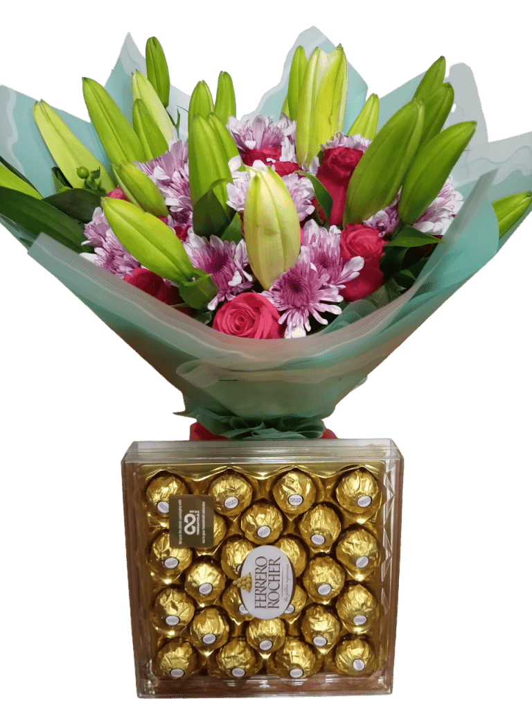 mix roses, chrysanthemums and lilies with T24 Ferrero Rocher chocolate delivery in Nairobi, Kenya