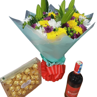 Shop My Love flower combo arrangement of 24 pieces of Ferrero chocolates, and 750 ml of 4th Street wine delivery In Nairobi, Kenya