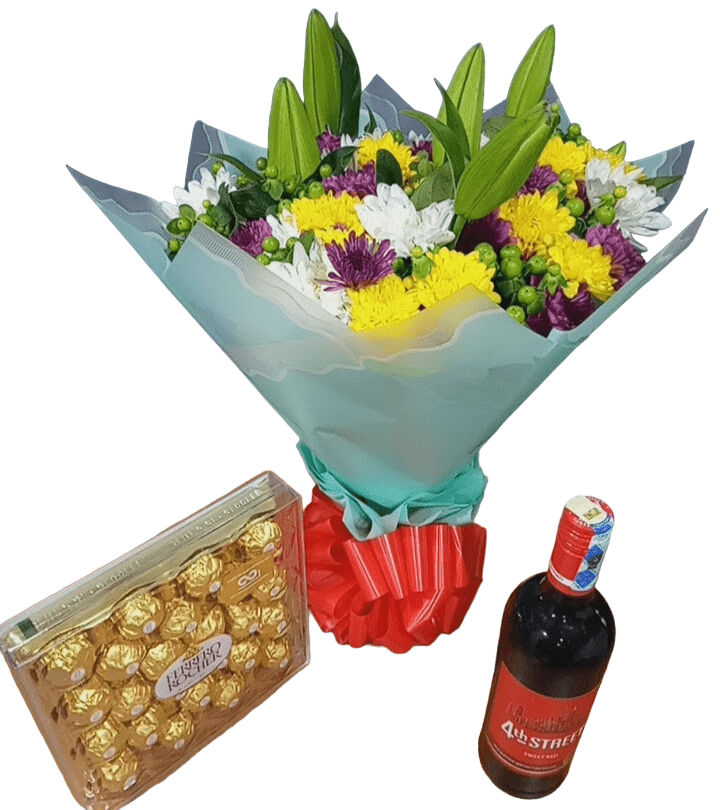 Shop My Love flower combo arrangement of 24 pieces of Ferrero chocolates, and 750 ml of 4th Street wine