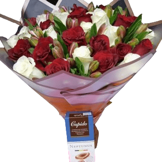 red and white roses and aestlomeria with cupid chocolate delivery in Nairobi, Kenya