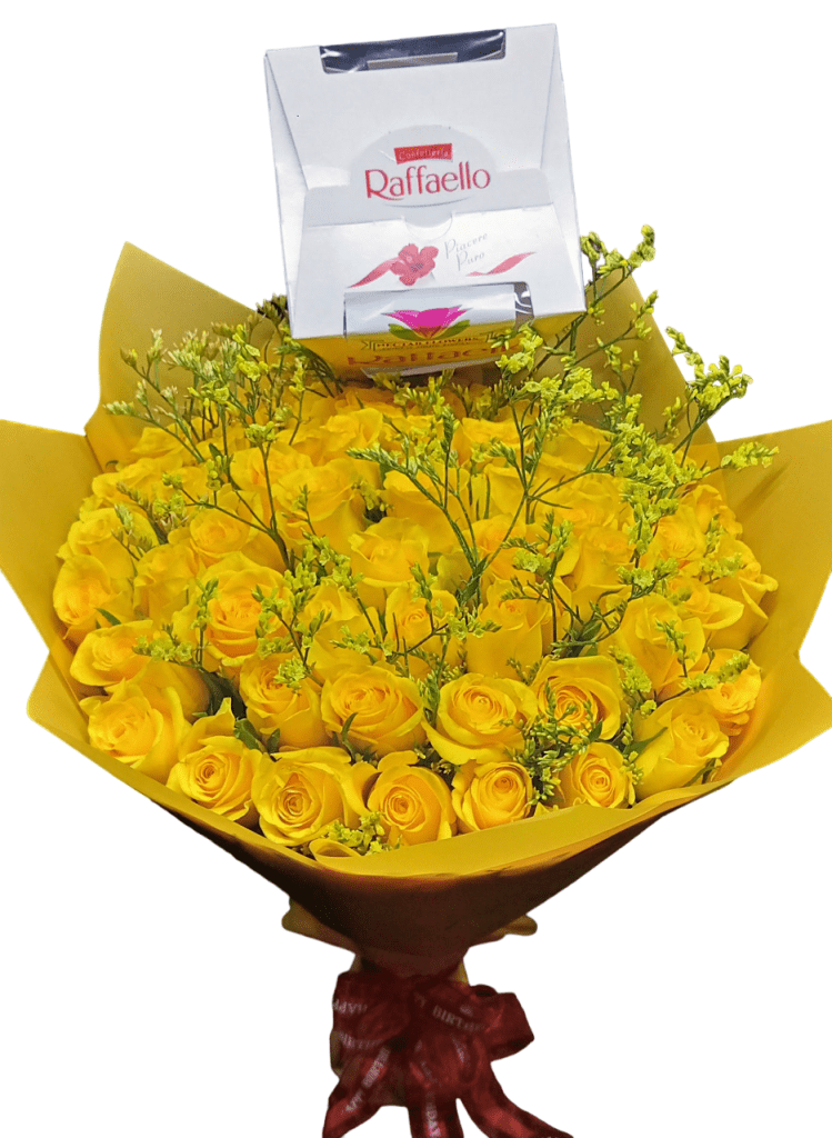 yellow rose with fillers and Raffaello chocolate bouquet