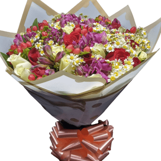 Order iconic romance with two dozen red and white roses, 10 stems astromeria, baby's breath, and hypericum delivery in Nairobi, Kenya