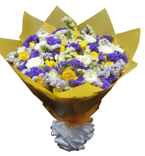 yellow and white rose with white and purple startice fillers delivery in Nairobi Kenya