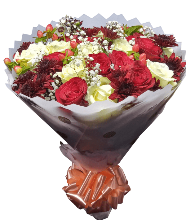 red and white rose, chrysanthemums and baby's breath bouquet delivery Nairobi, Kenya