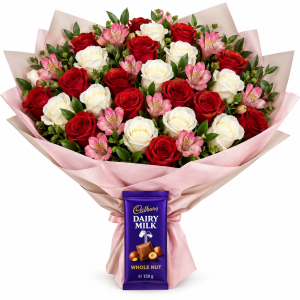 Make Me Special Bouquet with red and white roses, pink alstroemeria and Cadbury chocolate