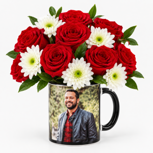 Photo mug arrangement in Nairobi with red roses and white chrysanthemums