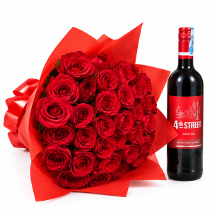 Two Dozen Roses With Wine gift set featuring 24 fresh cut Kenyan crimson red roses hand-tied in luxury paper paired with a 750ml bottle of fine red wine by Flower Delivery Nairobi