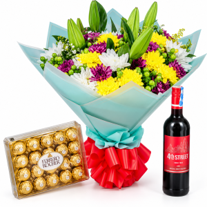 My Love Combo Bouquet with tropical lilies, mixed chrysanthemums, 4th Street wine and 24 Ferrero Rocher chocolates