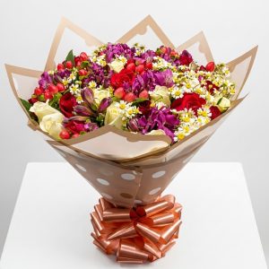 Iconic Romance Bouquet with red and white roses, alstroemeria, berries, and white fillers