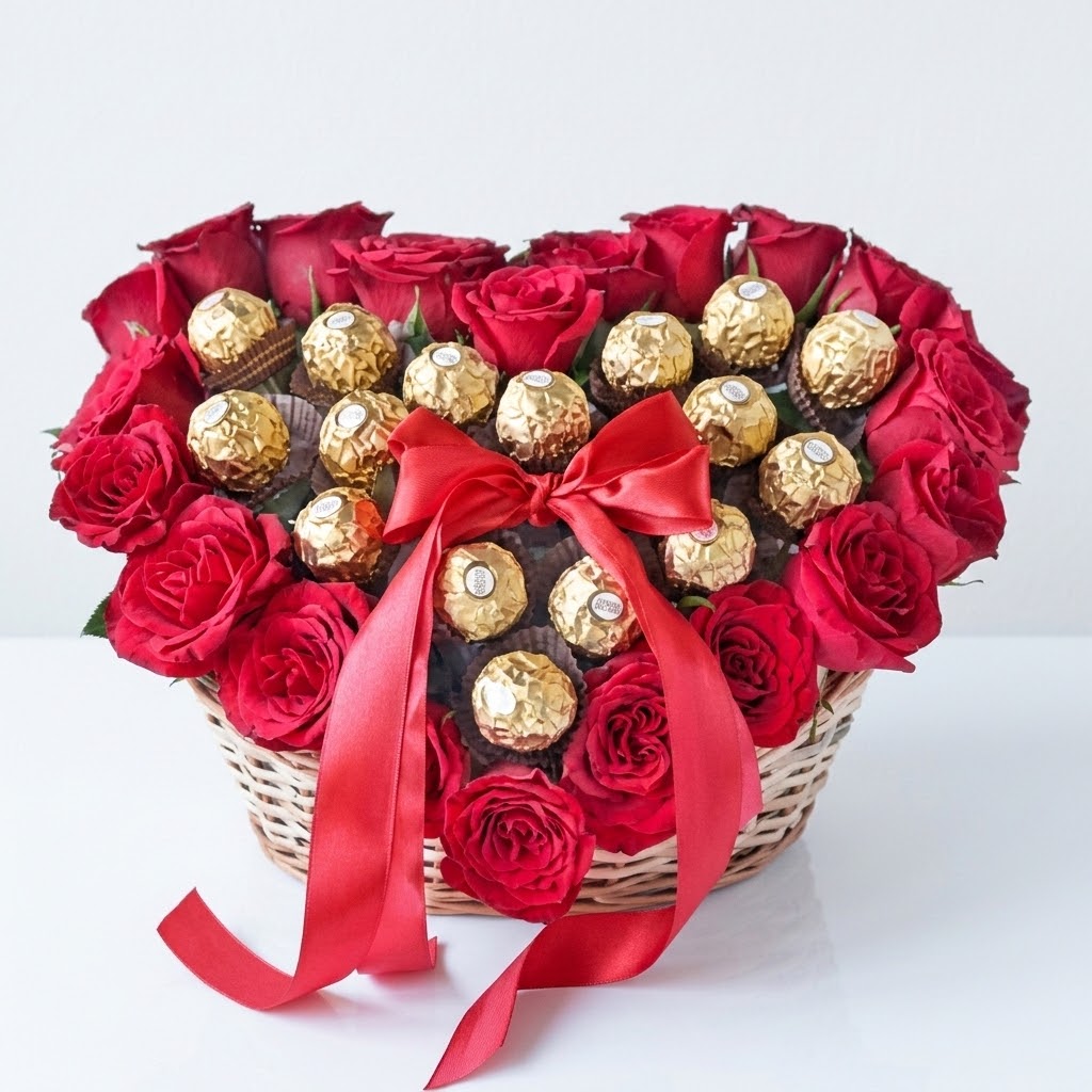 Chocolate Gift Basket with Red Roses and Ferrero Rocher Heart-shaped chocolate gift baskets with fresh red roses and 16 Ferrero Rocher chocolates