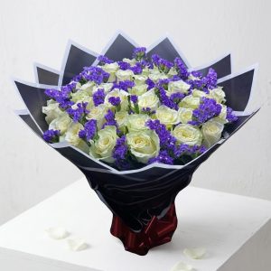 Spiritual Healing Bouquet with 40 white roses and purple fillers