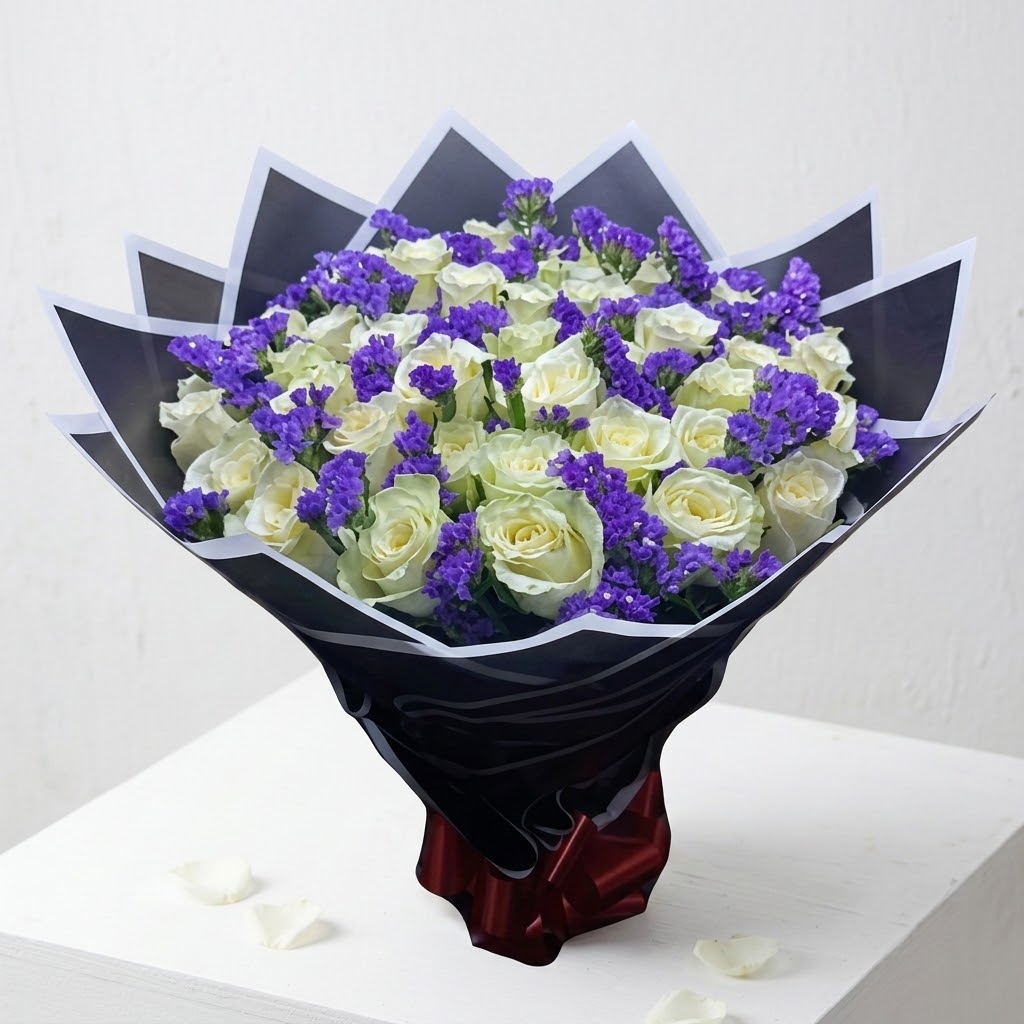 Spiritual Healing White Rose Bouquet Spiritual Healing Bouquet with 40 white roses and purple fillers