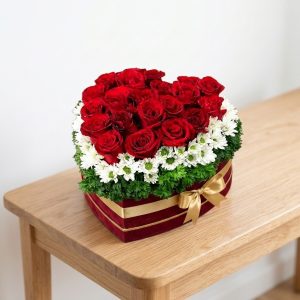 Spring Fresh Bouquet with red roses, chrysanthemums, and greenery in a love heart box
